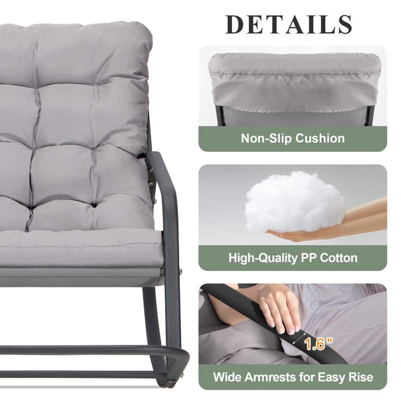 Oversized Indoor Outdoor Papasan Rocking Chair with Cushion, Metal Lounge Rocker Recliner, Heavy Duty 450 lbs Capacity