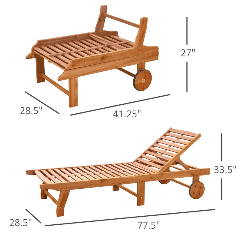 Teak Acacia Wood Outdoor Lounge Chair with Adjustable Back and Wheels - 77.5" L x 28.5" W x 33.5" H