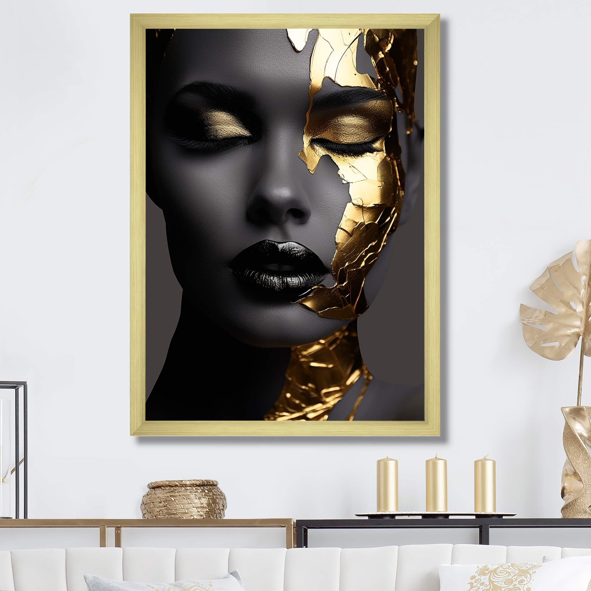 Designart "Black And Golden Woman Photo III" Woman Wall Decor Black - Glam Hallway Framed Wall Art Decor