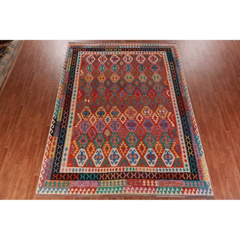Kilim Oriental Area Rug Hand-Woven Geometric Bedroom Wool Carpet - 9'7"x 13'1"