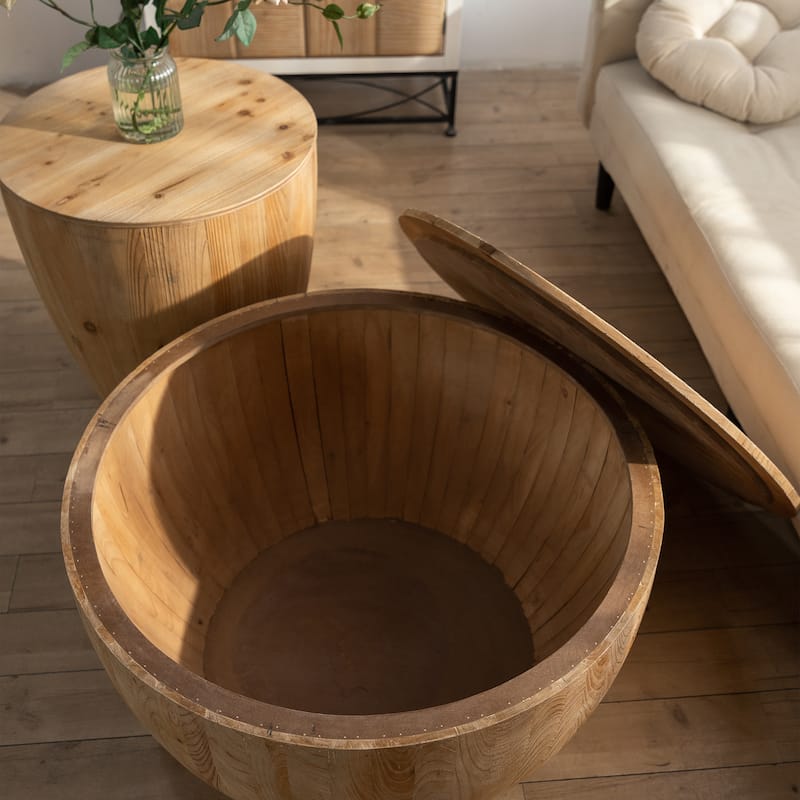 GDFStudio Cael Barrel Wood Coffee Table with Hollow Storage