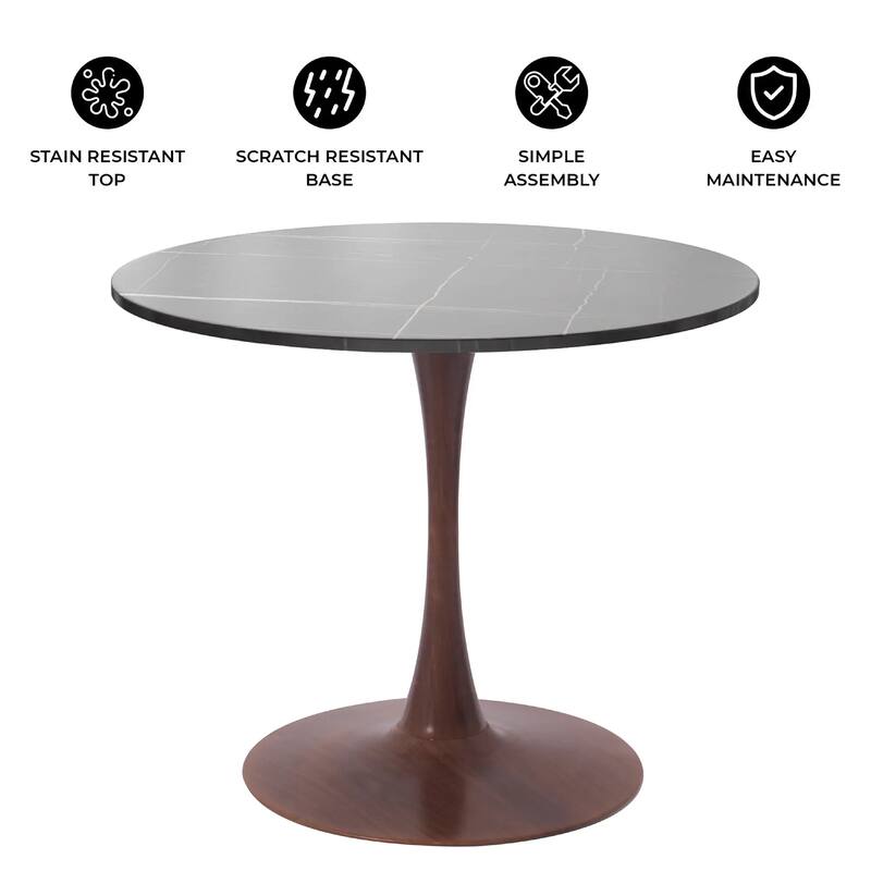 Bristol 27" Round Dining Table with Sintered Stone Top and Walnut Steel Pedestal Base for Modern Kitchen and Dining Room