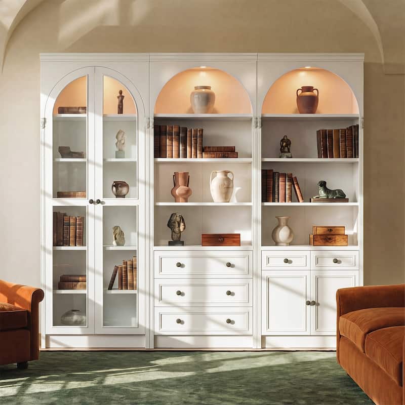 Modular White Bookcase with LED Lights & Glass Doors, 86.6" Tall Arched Display Cabinet Solid WoodStorage Cabinet