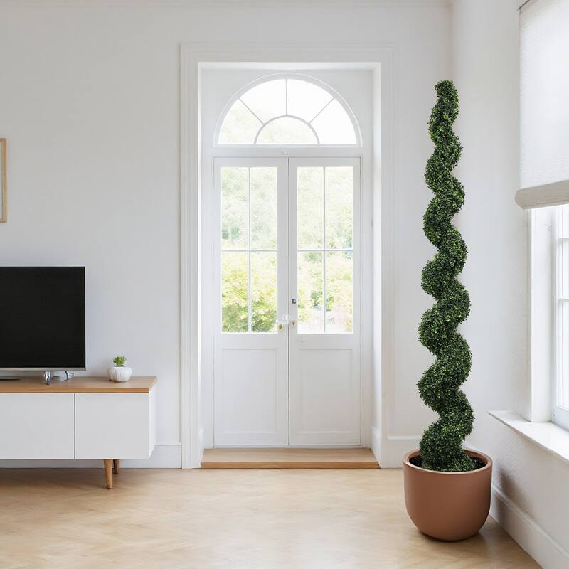 7FT Spiral Topiary Trees Artificial Outdoor Faux Boxwood Plants Large Twisted Green Potted Trees with Dark Green Leaves 1pc/set