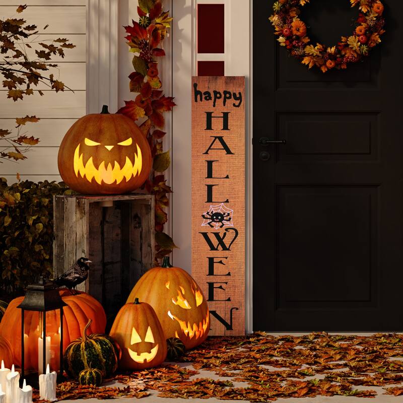 36" Orange Wood Happy Halloween with Spider Wall Sign