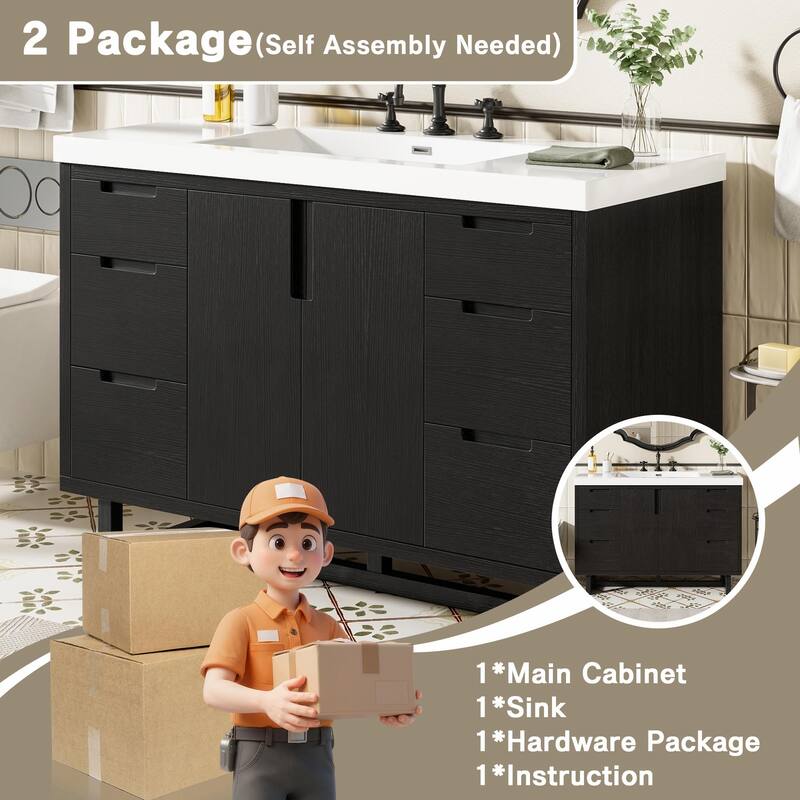 47.2" Modern Bathroom Vanity with Resin Sink, 2 Doors & 6 Drawers, Hidden Soft-Close Slides, Space-Saving Storage Cabinet