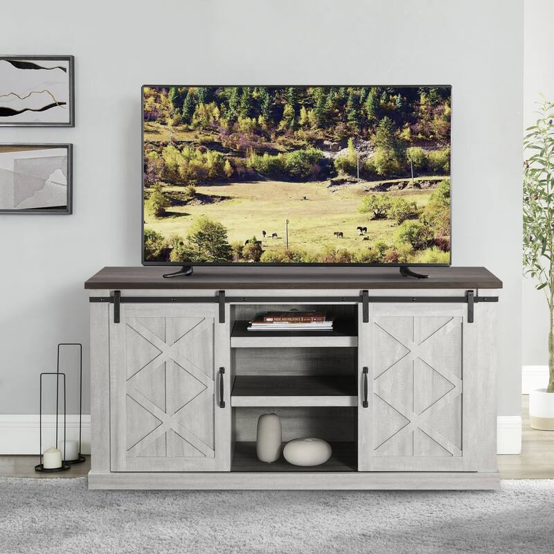 58" Farmhouse Sliding Barn Door TV Stand - Fits TVs up to 65" - 58" in Width - Off White