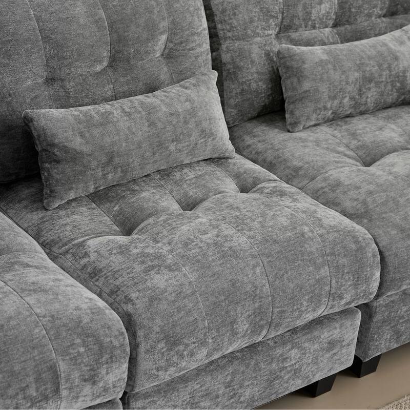 119" Chenille Sectional Sofa with 2 Ottomans and 4 Pillows, Adjustable Backrests