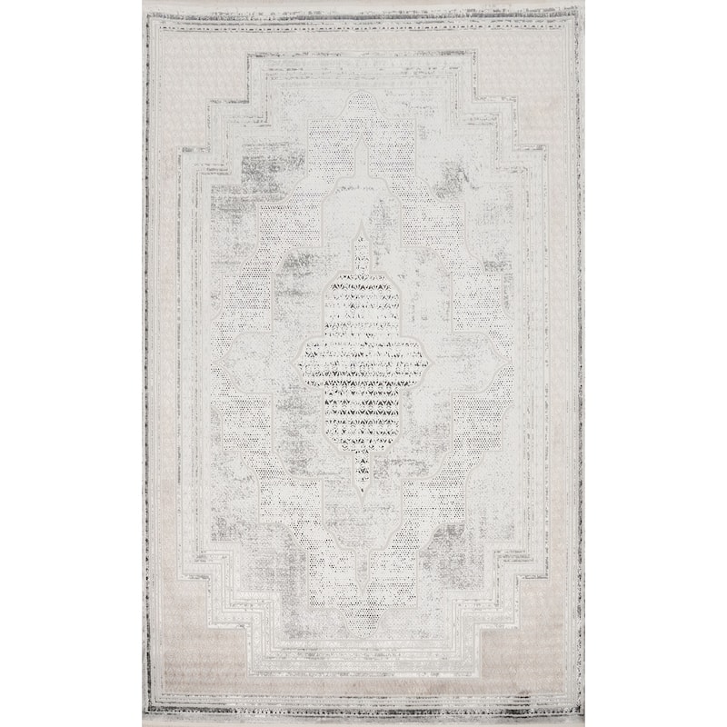 Machine Made Oriental Polyester Carpet Medallion Greys & Charcoal Distressed Area Rug - 7' 9'' X 5' 2''