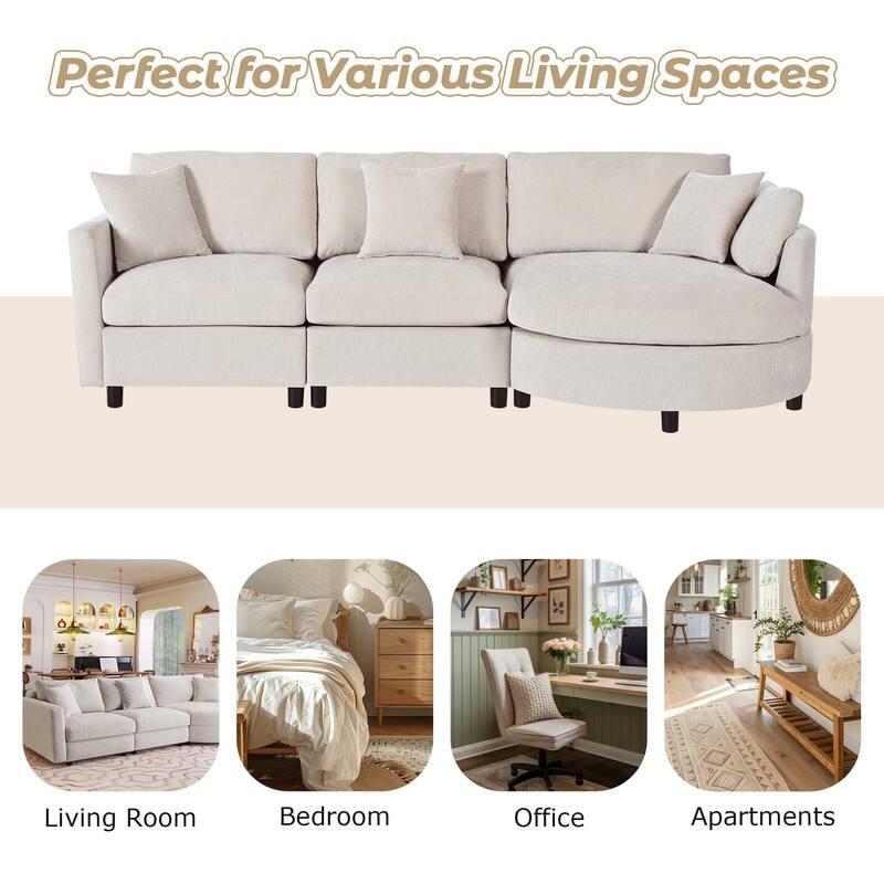 Modern 3-Piece Chenille Sectional Sofa with Curved Chaise and Comfortable Cushions for Living Rooms