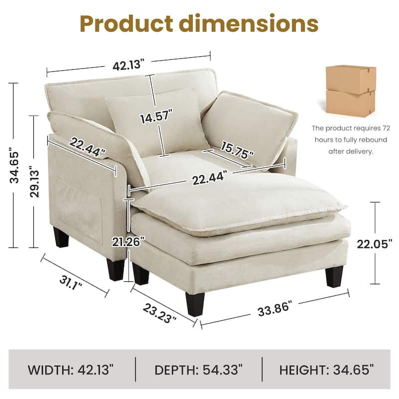 Oversized Single Sofa Chair with Ottoman, Double-Layer Seat Cushion, Chenille Fabric Lounge Chair, Living Room Reading Chair