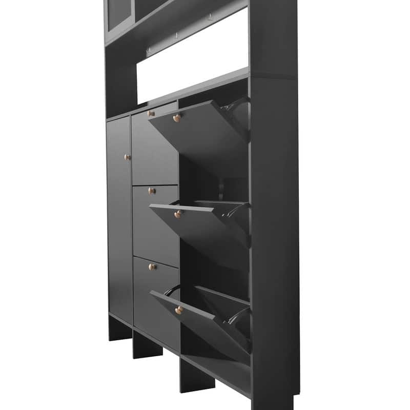 Multifunctional Large Hall Tree with Tempered Glass Doors,Storage Shelf,6 Flip Shoe Drawers and 4 Hooks