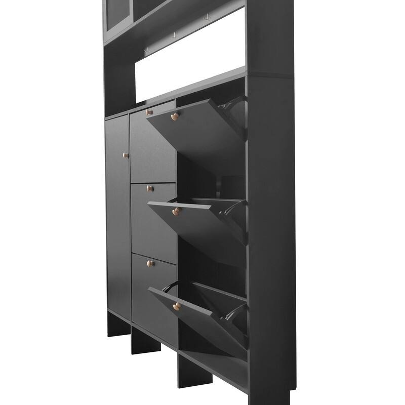 Multifunctional Shoe Cabinet with Storage Shelf & 6 Flip Drawers,Modern Hall Tree with Tempered Glass Doors