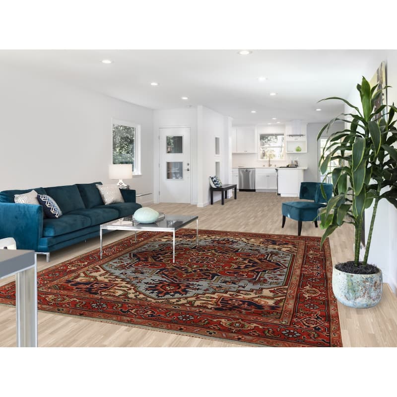 Geometric Heriz Serapi Indian Rug Hand-Knotted Blue Wool Carpet - 7'11"x 9'9"