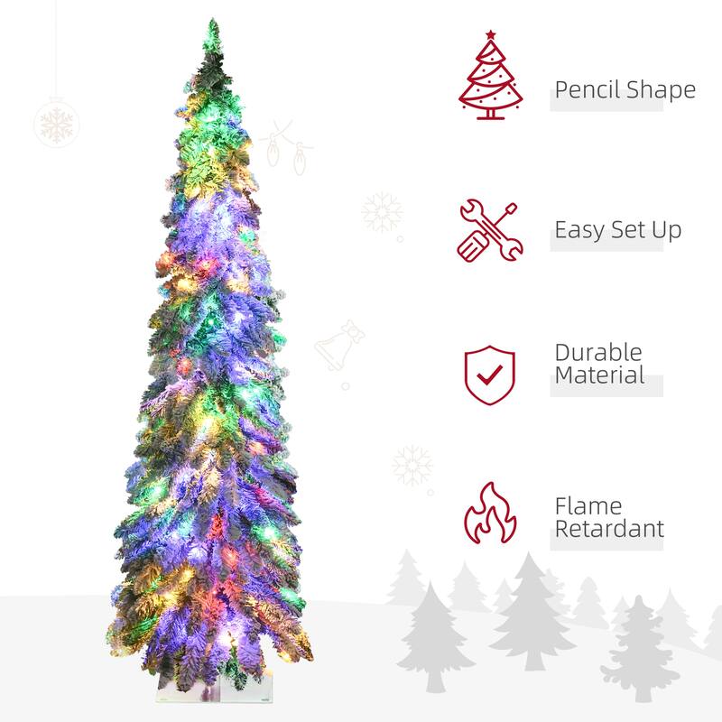 5 ft Snow Flocked Pencil Artificial Christmas Tree with 150 LED Lights Warm White or Multi Colored for Indoor Holiday Decoration