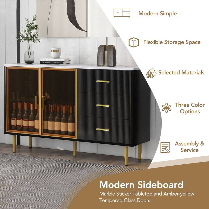 Luxury Storage Cabinet with Marble Finish, Gold Legs & Tempered Glass Doors for Modern Living Spaces