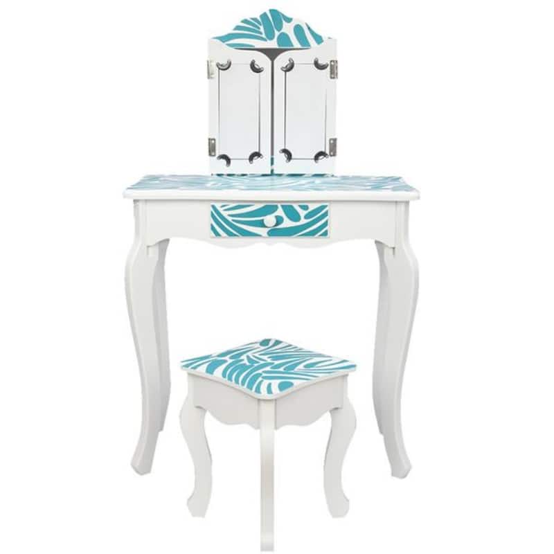 Three-Fold Mirror Single-Drawing Curved Foot Children Dressing Table Blue Zebra - 23.63 x 11.03 x 38.59