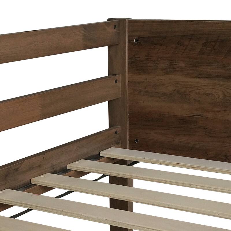 Twin over Twin Floor Bunk Bed w/ Headboard,Footboard,Safety Guardrails
