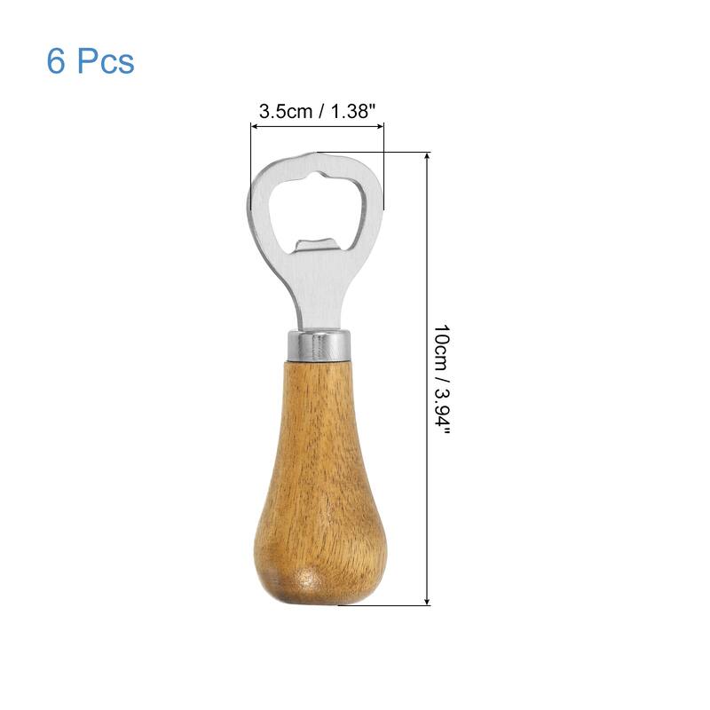 Vertical Bottle Opener, Wooden Handle Stainless Steel Opener - Silver - 6Pcs