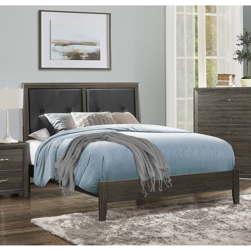 Contemporary Dark Gray Full Bed with Button-Tufted Faux Leather Headboard - Grey - Full