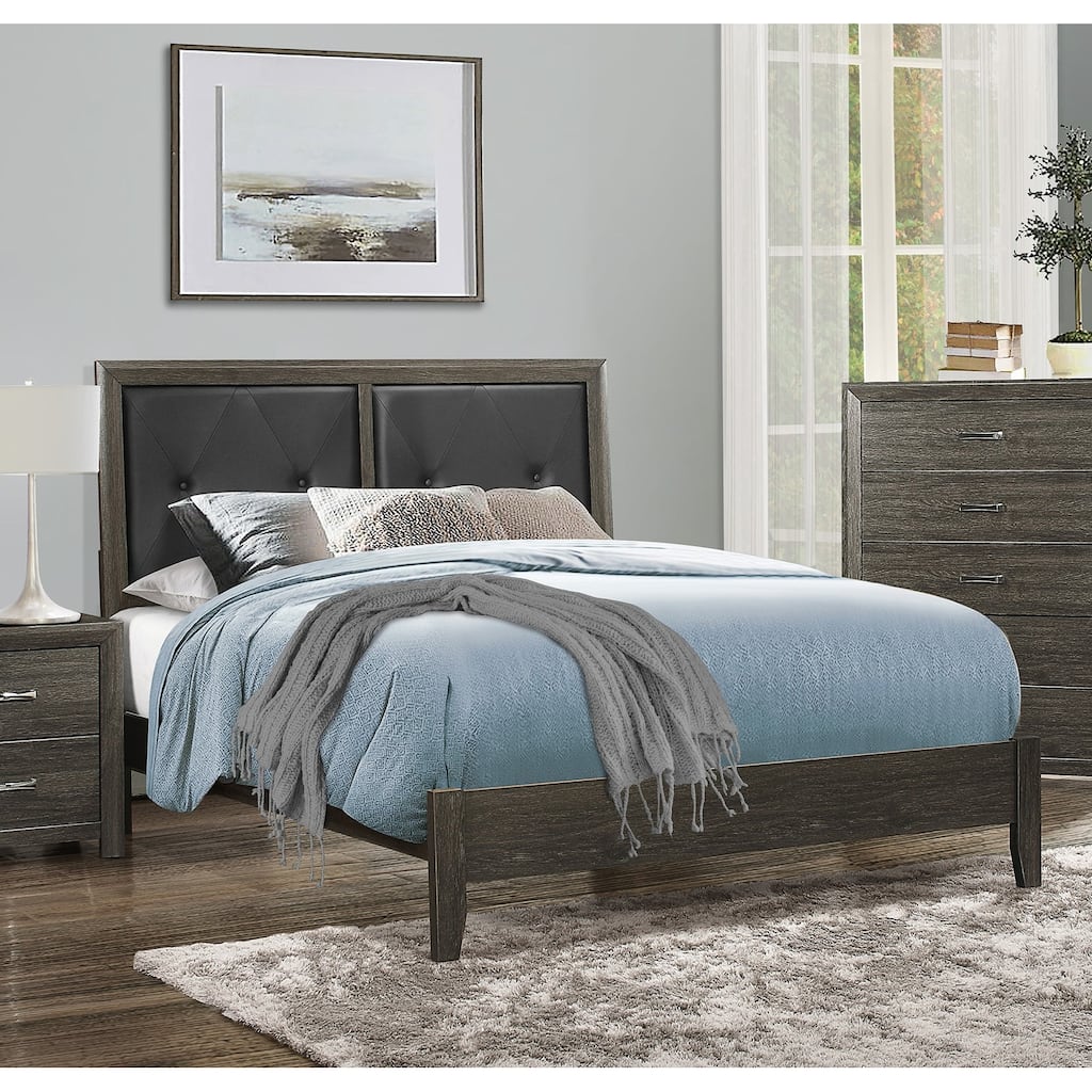 Dark Gray Button-Tufted Faux Leather Upholstered Full Bed with Wooden Frame