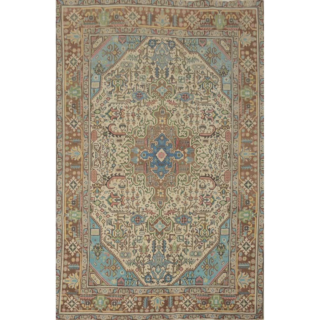 Hand Knotted Oriental 100% Wool Carpet Traditional Floral Beige & Ivories Tabriz Area Rug - 9' 3'' X 6' 4''