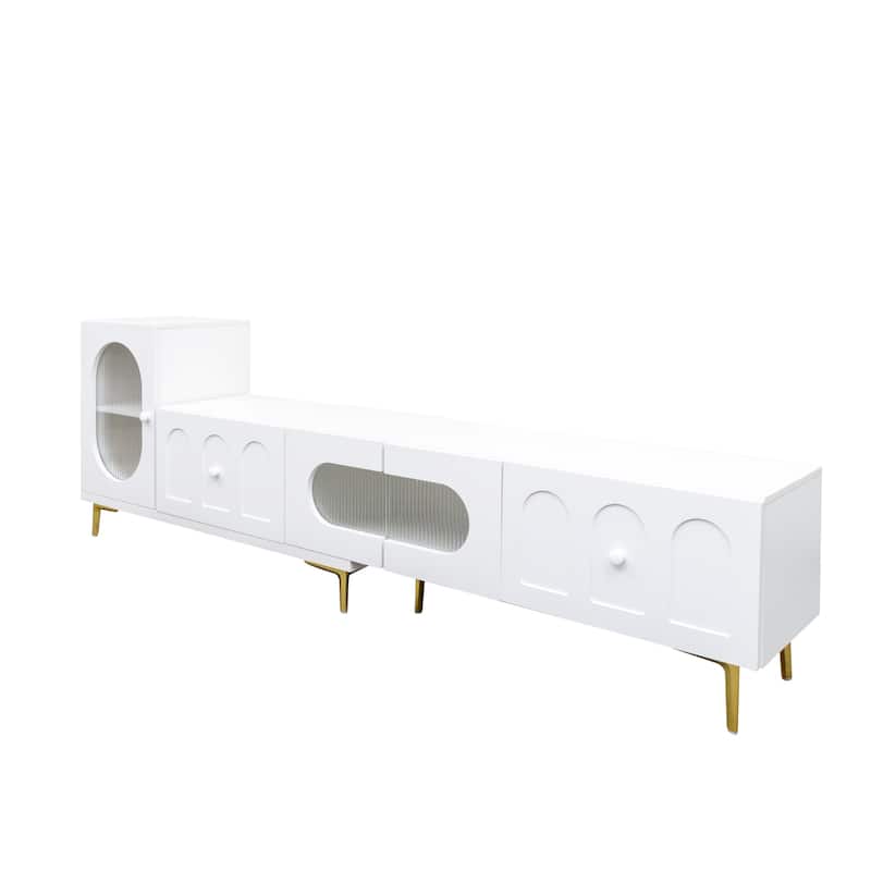 Roomfitters Modern Extendable Wood TV Stand, Rectangle Entertainment Center with 4 Cabinets, Media Console