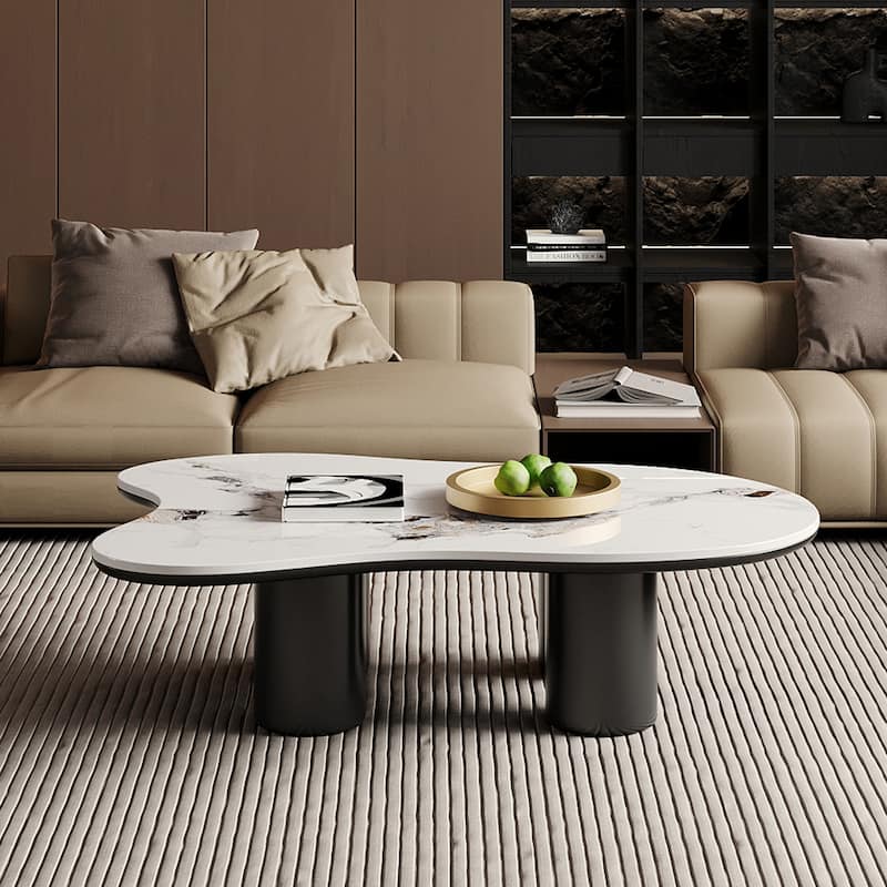 48"Modern Black Coofee Table, Glossy Sintered Stone Table-top, Cloud Shaped with 4 Legs