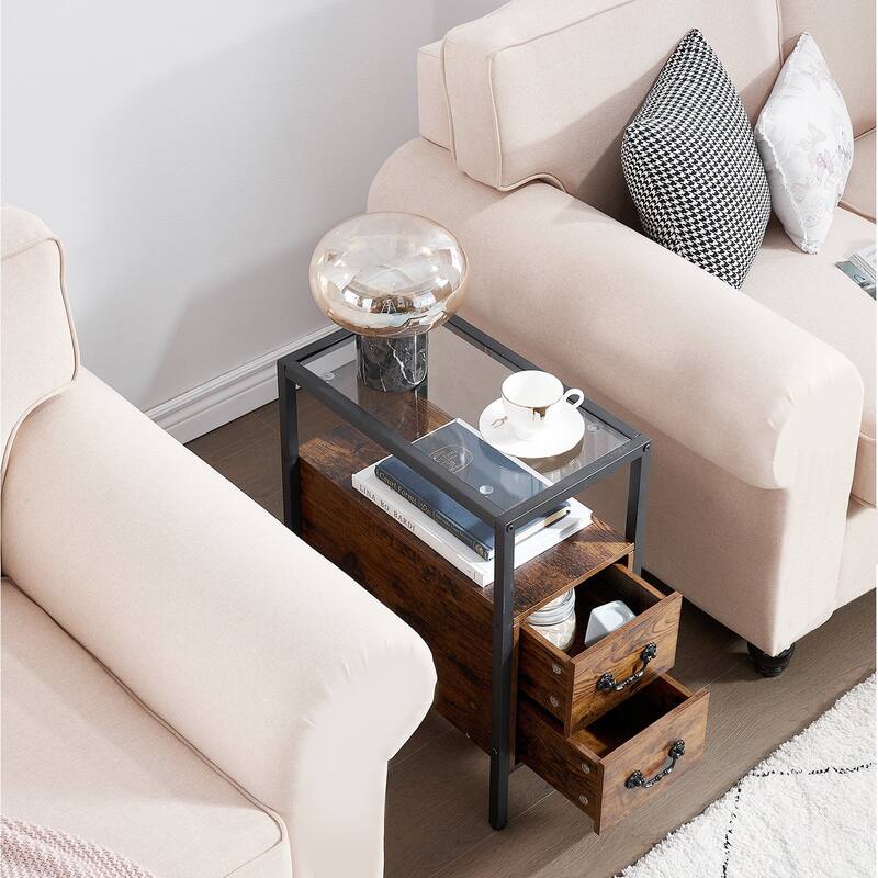 2-Drawer Modern End Tables with Glass Top, Narrow Side Tables with Drawers, Nightstands for Small Spaces