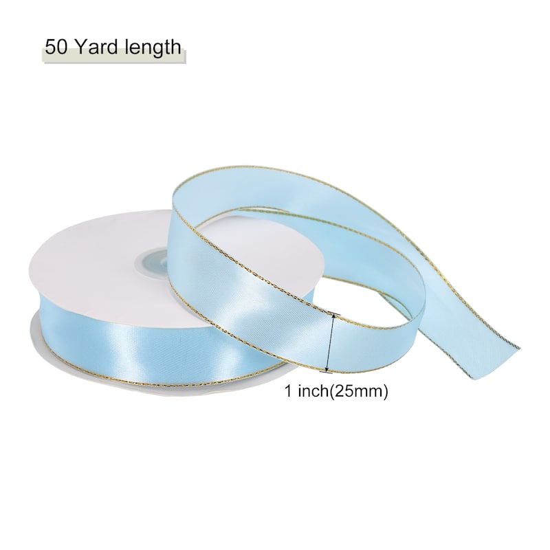 Satin Ribbon with Gold Edges Border Grosgrain Fabric Ribbon for Decor - Light Blue - 1 Inch x 50 Yard