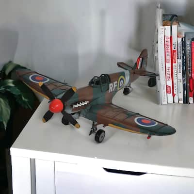 HomeRoots 6" Green Metal Hand Painted 1940 Green and Brown Spit Fire Model Airplane - 17.75' X '6' X '16.5