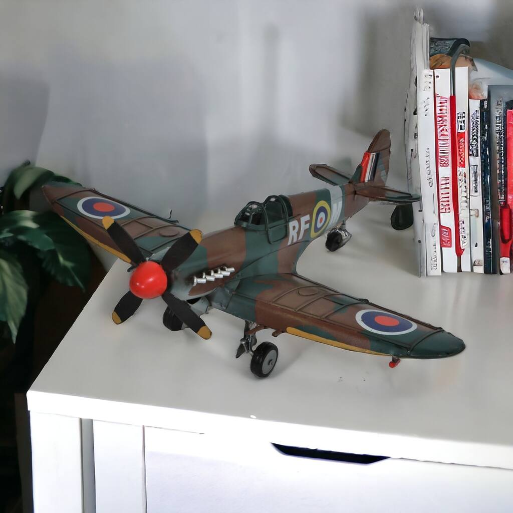 HomeRoots 6" Green Metal Hand Painted 1940 Green and Brown Spit Fire Model Airplane - 17.75' X '6' X '16.5