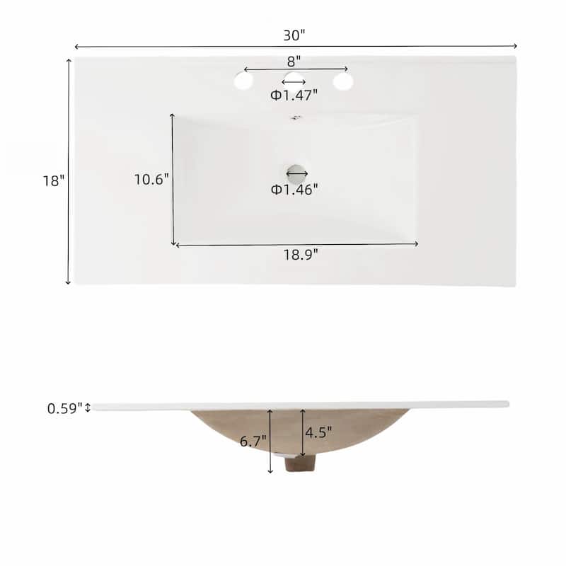 30" Bathroom Vanity with Rectangle Ceramic Sink, Antique Handles and 2 Doors, Solid Wood Legs and Adjustable shelves