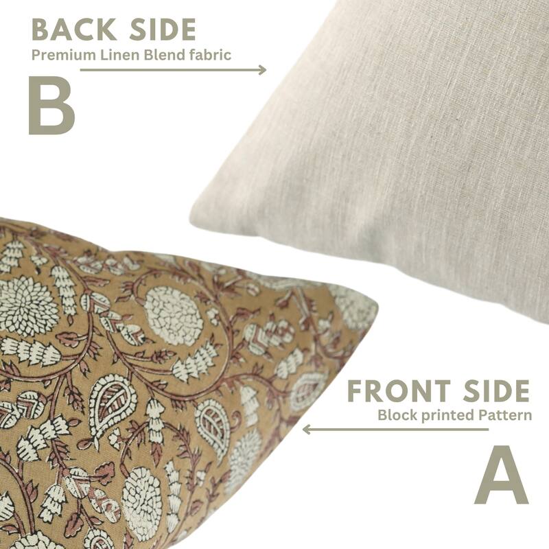 Fabdivine Brown Soft Linen Floral Block Print Pillow Cover for Fall Home Décor Sofa Couch or Farmhouse 22x22 Inch, Shilong