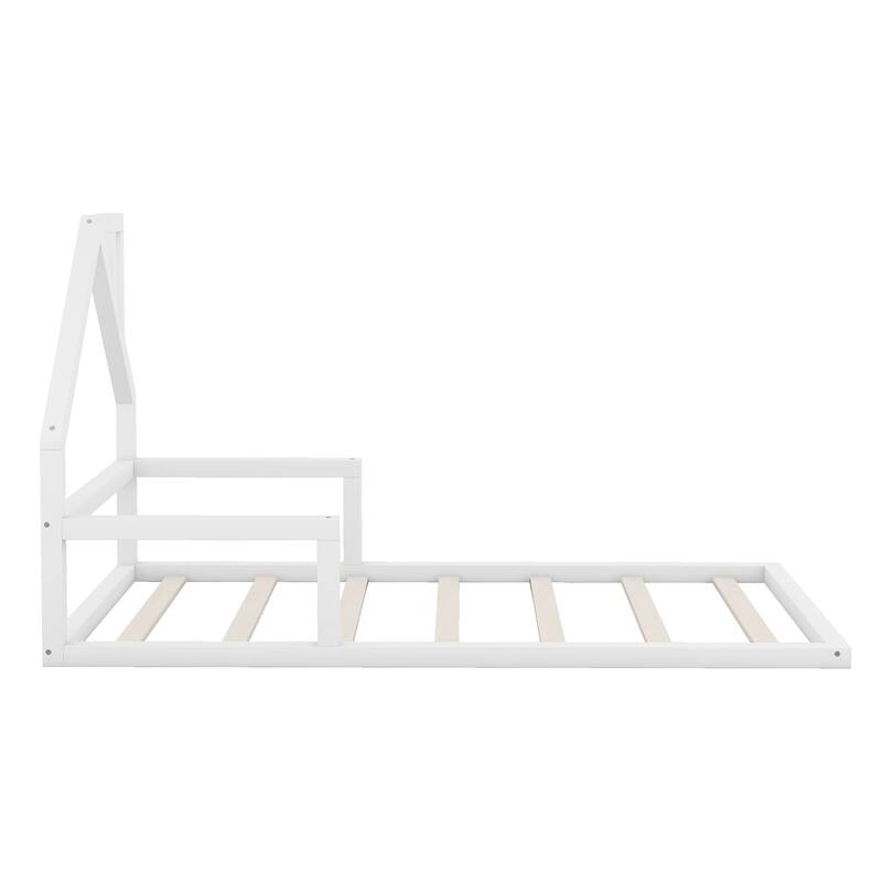 Full Size House Headboard Floor Bed, No Box Spring Needed, Durable Wood Frame