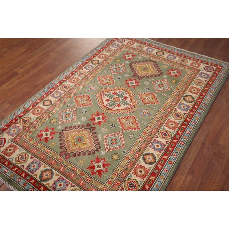 Hand Knotted Oriental 100% Wool Carpet Traditional Geometric Green Kazak Area Rug - 5' 11'' X 4' 0''