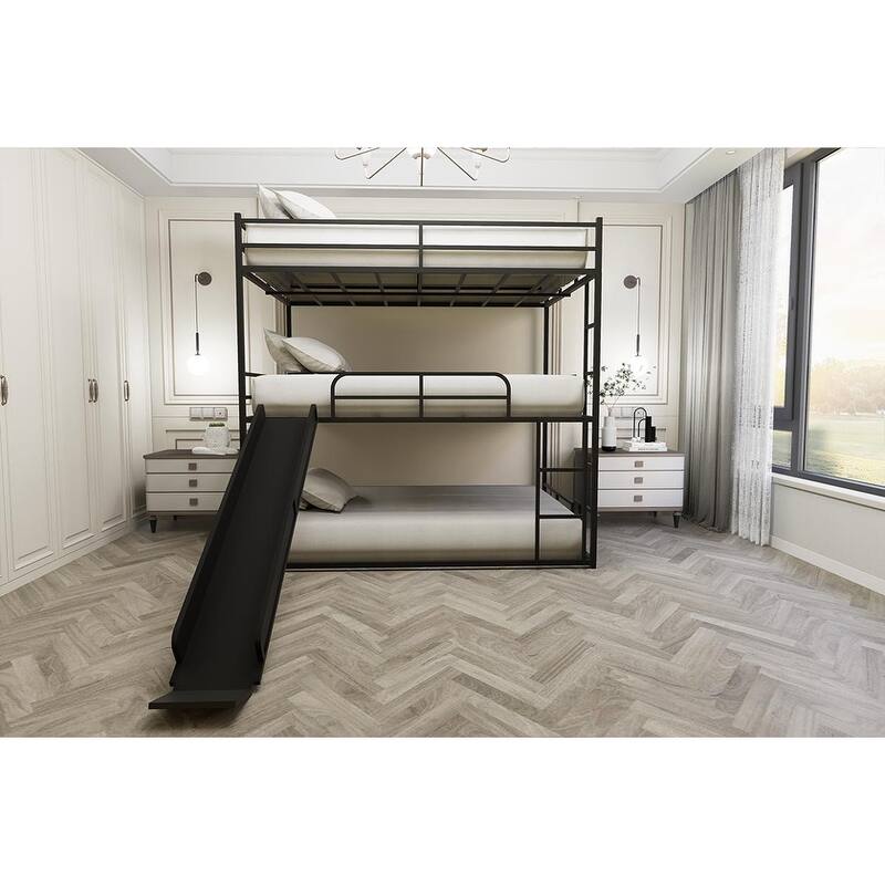 Full Size Metal Loft Bed with Slide, Ladder, and Side Shelf - Black