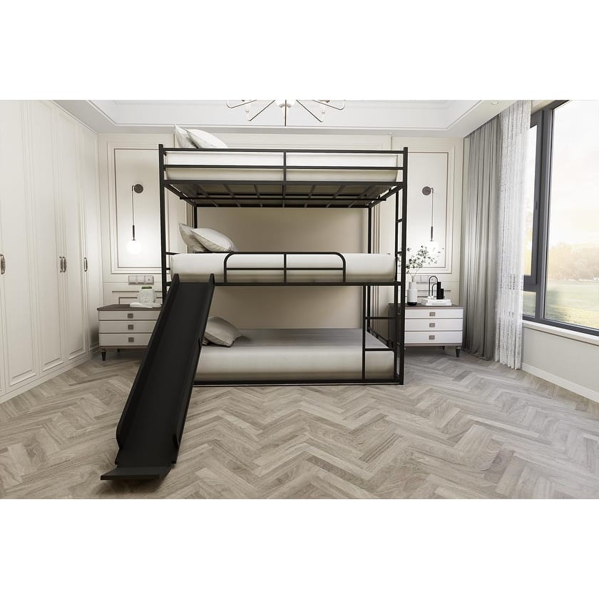 Full Size Metal Loft Bed with Slide, Ladder, and Side Shelf