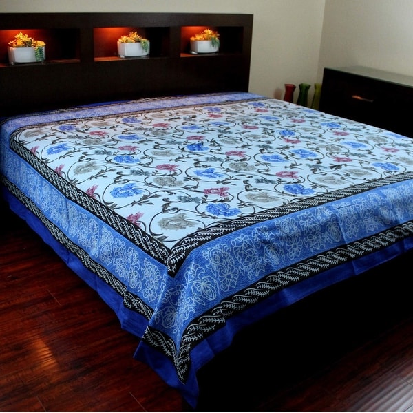 Indian Print Tapestry Cotton Bedspread 106/" x 88/" Full-Queen Blue