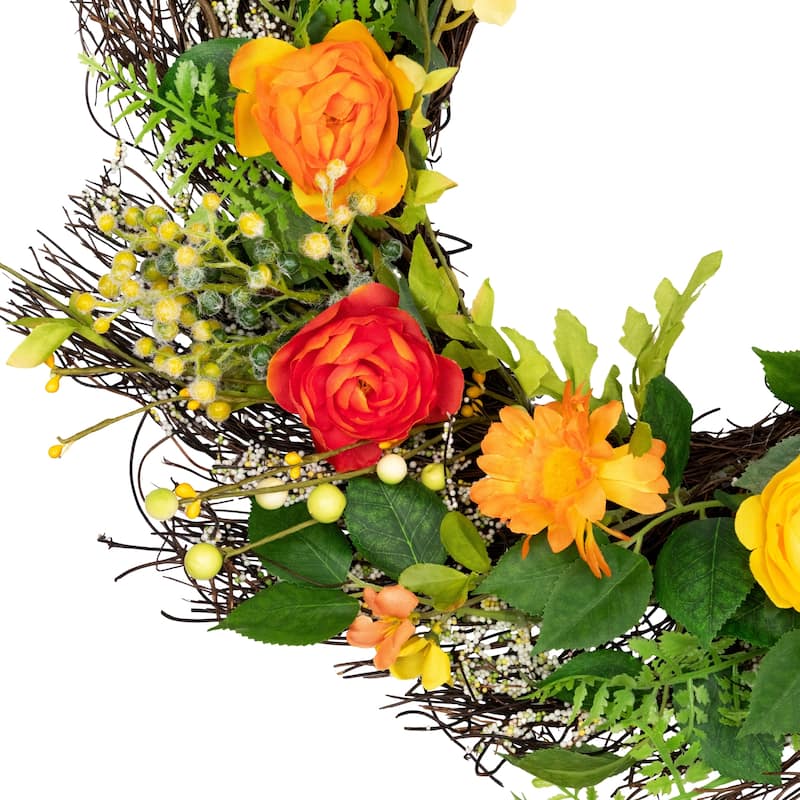 Ranunculus and Rose Floral Spring Wreath, Orange and Yellow 20"