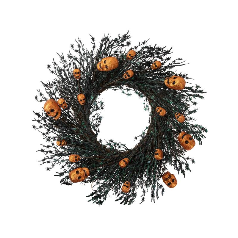 Black & Orange Skulls & Spiders Halloween Twig Wreath, 22-Inch