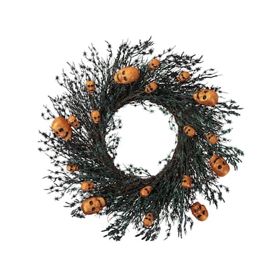 Black and Orange Skulls and Spiders Halloween Twig Wreath 22-Inch Unlit