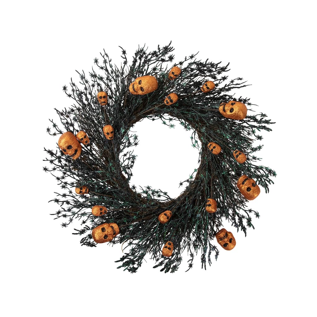 Black and Orange Skulls and Spiders Halloween Twig Wreath 22-Inch Unlit