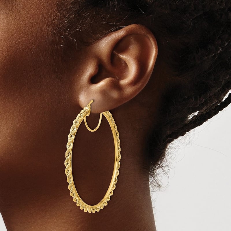 Curata 10k Yellow Gold 2.95mm Medium to X-Large Diamond-Cut Rope Hoop Earrings