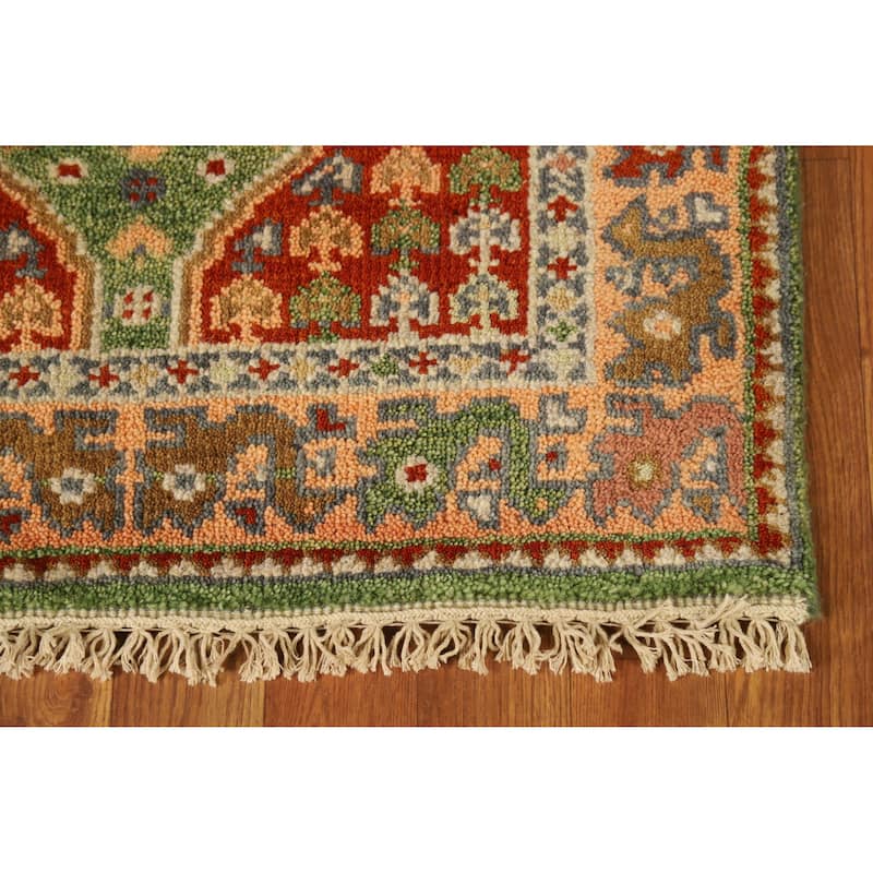 Geometric Heriz Serapi Indian Runner Rug Green Handmade Wool Carpet - 2'7" x 8'0"