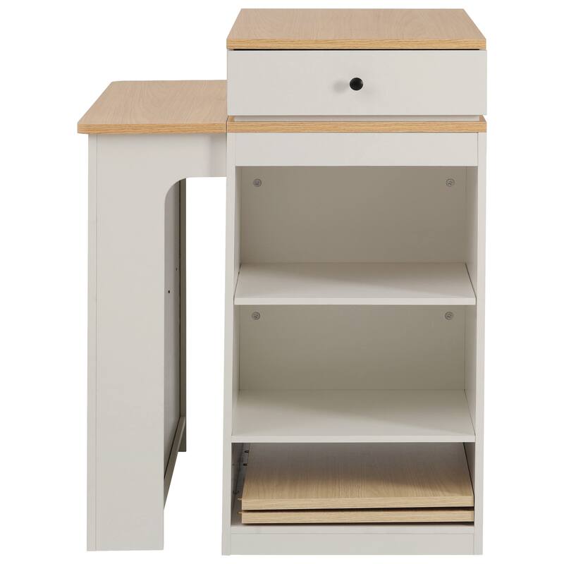 Kitchen Island with Extendable Dining Table, Kitchen Storage Table with 2 Drawers, Power Outlet, Open Shelves, for Diningroom