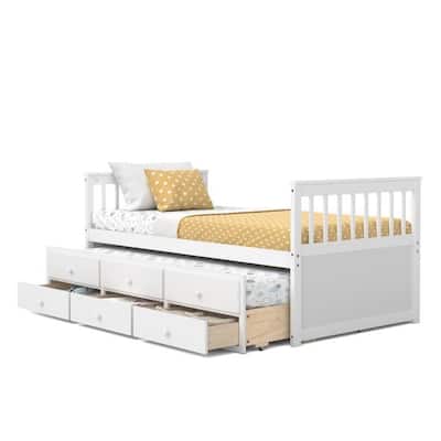 Pine Wood Twin Captain Bed with Trundle and 3 Storage Drawers
