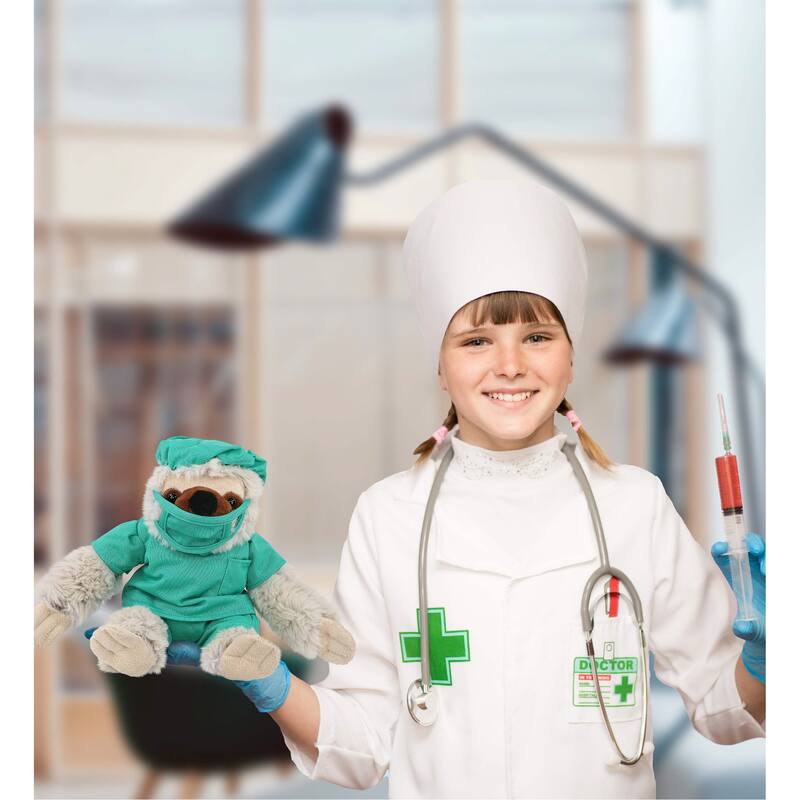DolliBu Sloth Doctor Plush Toy with Cute Scrub Uniform and Cap Outfit - 7.5 inches