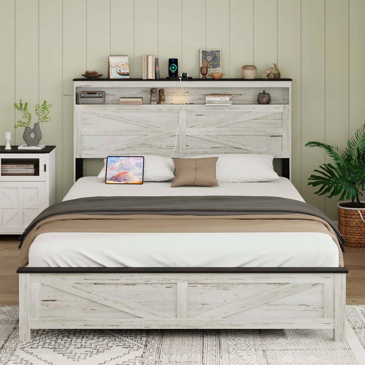 Platform Bed with Wooden Headboard,Hidden Storage,and Built-in Charging Station