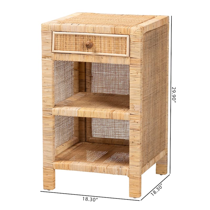 Bella Modern Bohemian Natural Brown Mahogany Wood and Natural Rattan 1-Drawer Nightstand